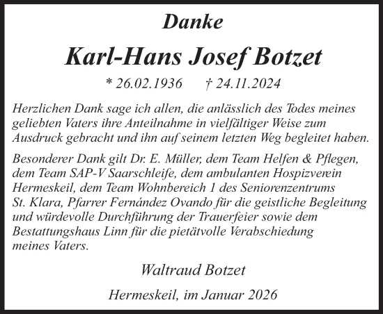 Traueranzeige von Karl-Hans Josef Botzet von trierischer_volksfreund