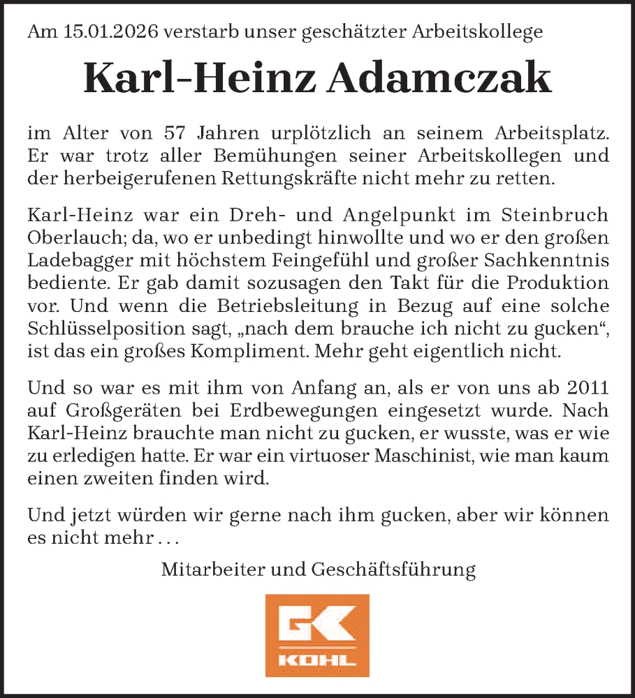  Traueranzeige für Karl-Heinz Adamczak vom 24.01.2026 aus trierischer_volksfreund