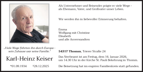 Traueranzeige von Karl-Heinz Keiser von trierischer_volksfreund