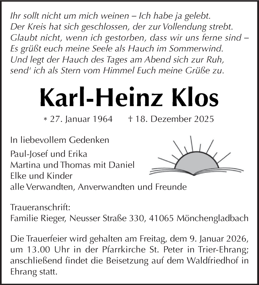  Traueranzeige für Karl-Heinz Klos vom 03.01.2026 aus trierischer_volksfreund