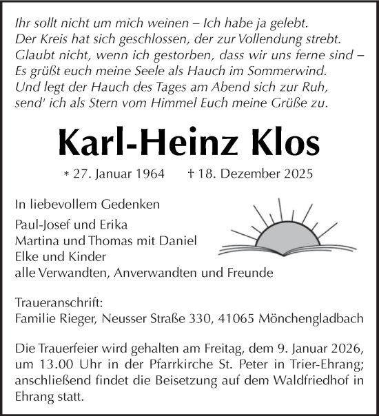 Traueranzeige von Karl-Heinz Klos von trierischer_volksfreund