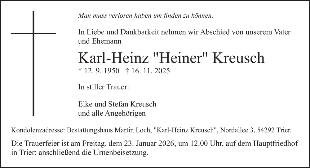  Traueranzeige für Karl-Heinz Kreusch vom 17.01.2026 aus trierischer_volksfreund