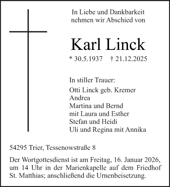 Traueranzeige von Karl Linck von trierischer_volksfreund