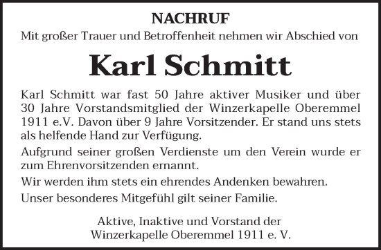 Traueranzeige von Karl Schmitt von trierischer_volksfreund
