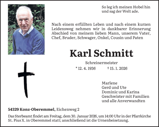 Traueranzeige von Karl Schmitt von trierischer_volksfreund