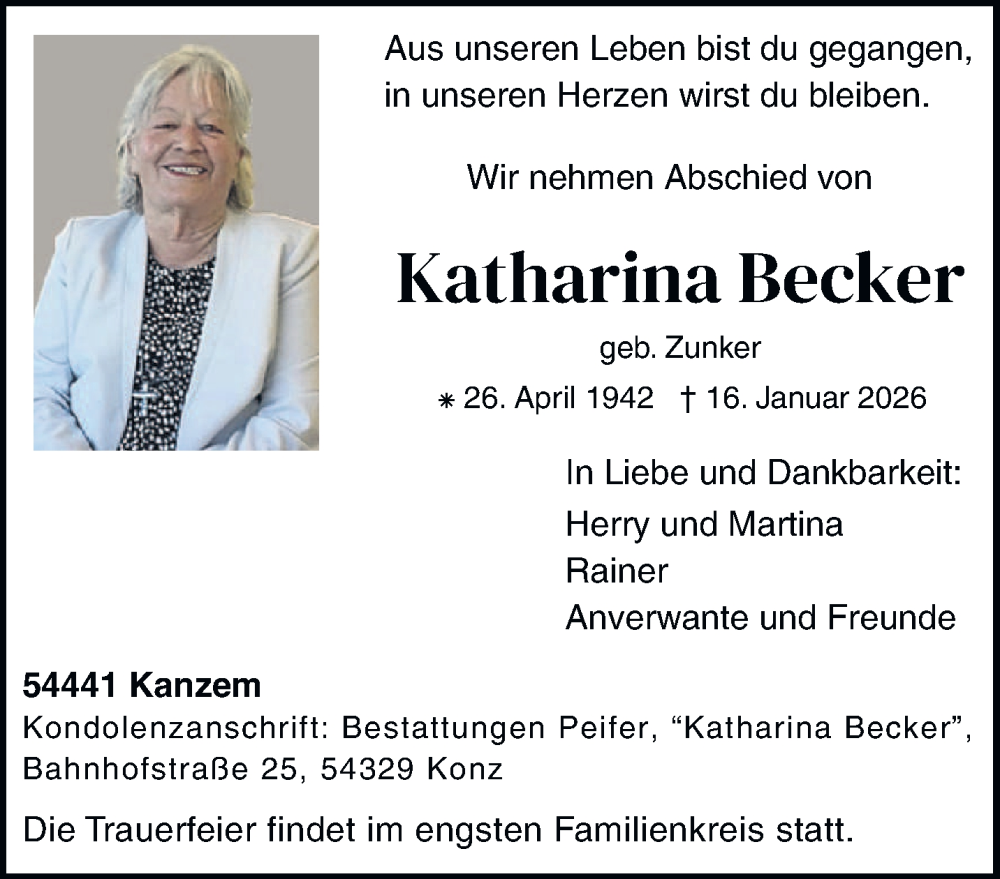  Traueranzeige für Katharina Becker vom 31.01.2026 aus trierischer_volksfreund