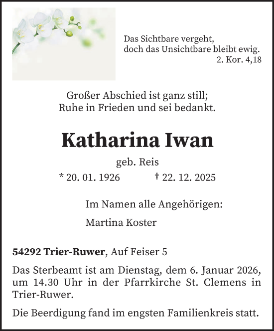 Traueranzeige von Katharina Iwan von trierischer_volksfreund