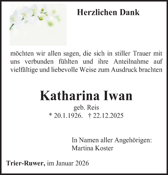 Traueranzeige von Katharina Iwan von trierischer_volksfreund