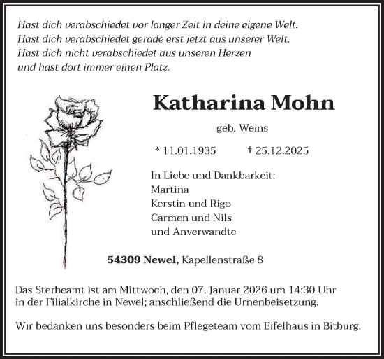 Traueranzeige von Katharina Mohn von trierischer_volksfreund