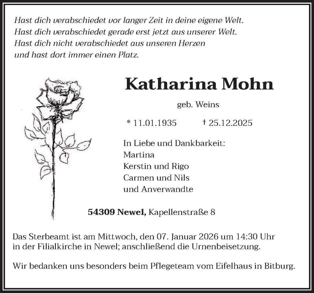  Traueranzeige für Katharina Mohn vom 03.01.2026 aus trierischer_volksfreund