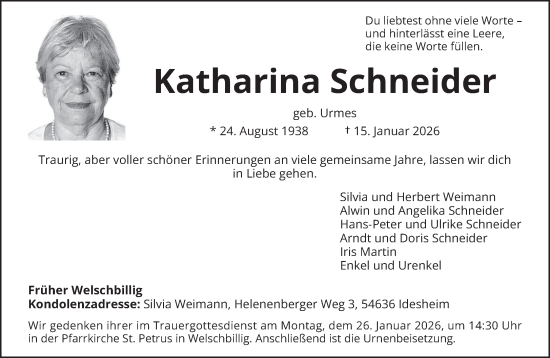 Traueranzeige von Katharina Schneider von trierischer_volksfreund