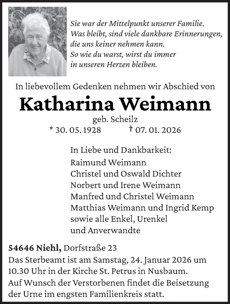  Traueranzeige für Katharina Weimann vom 17.01.2026 aus trierischer_volksfreund