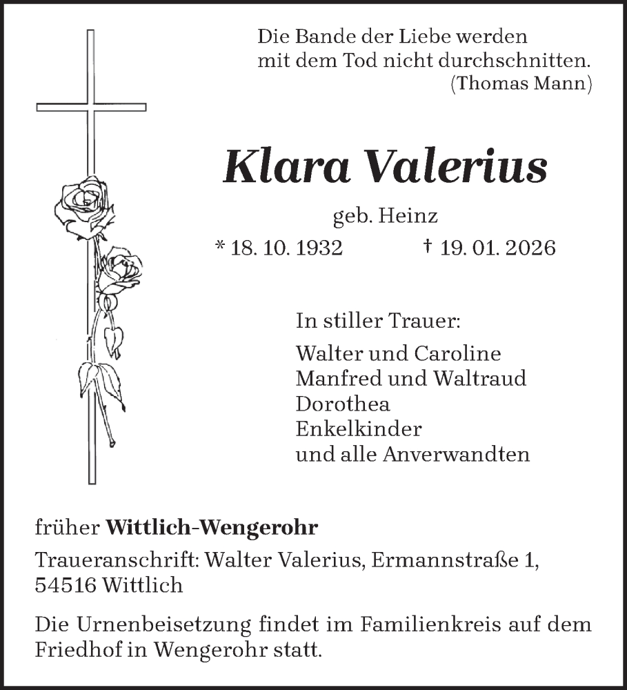  Traueranzeige für Klara Valerius vom 24.01.2026 aus trierischer_volksfreund