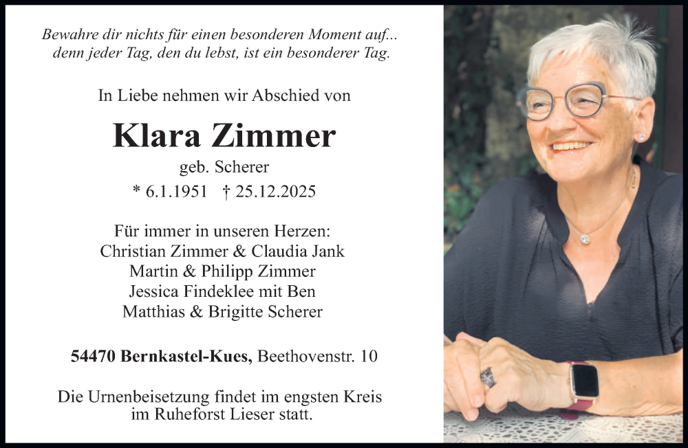  Traueranzeige für Klara Zimmer vom 03.01.2026 aus trierischer_volksfreund