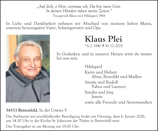 Traueranzeige von Klaus Plei von trierischer_volksfreund