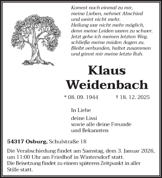 Traueranzeige von Klaus Weidenbach von trierischer_volksfreund