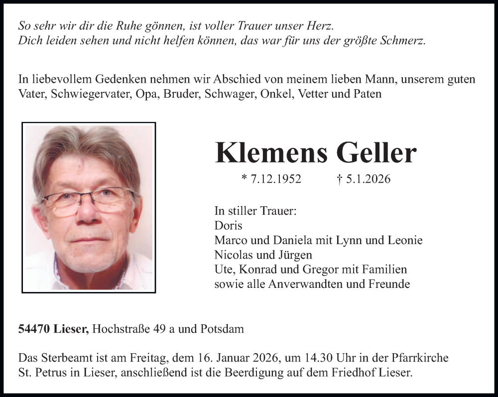  Traueranzeige für Klemens Geller vom 10.01.2026 aus trierischer_volksfreund