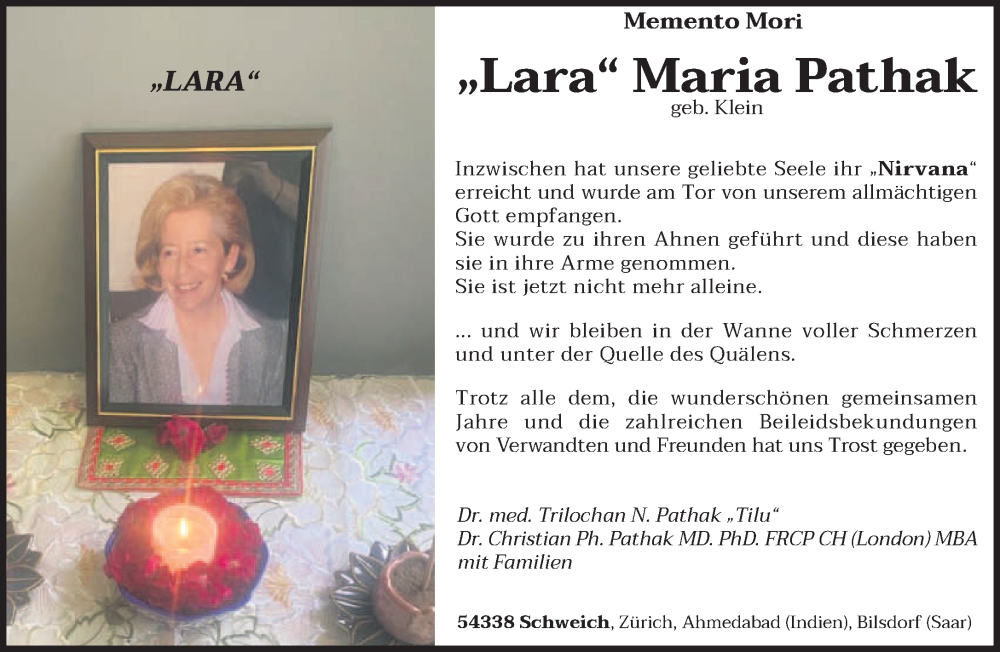  Traueranzeige für Lara Maria Pathak vom 17.01.2026 aus trierischer_volksfreund