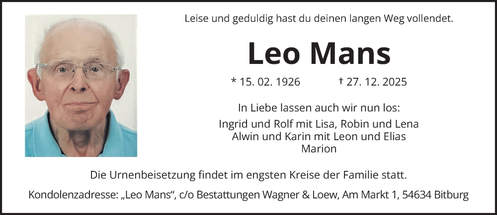  Traueranzeige für Leo Mans vom 03.01.2026 aus trierischer_volksfreund