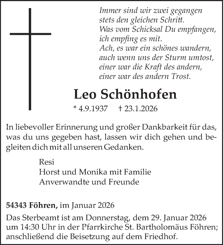  Traueranzeige für Leo Schönhofen vom 27.01.2026 aus trierischer_volksfreund