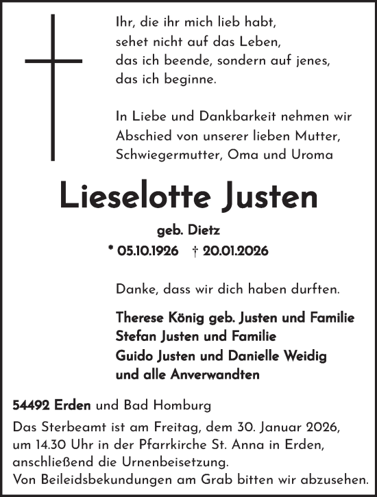 Traueranzeige von Lieselotte Justen von trierischer_volksfreund