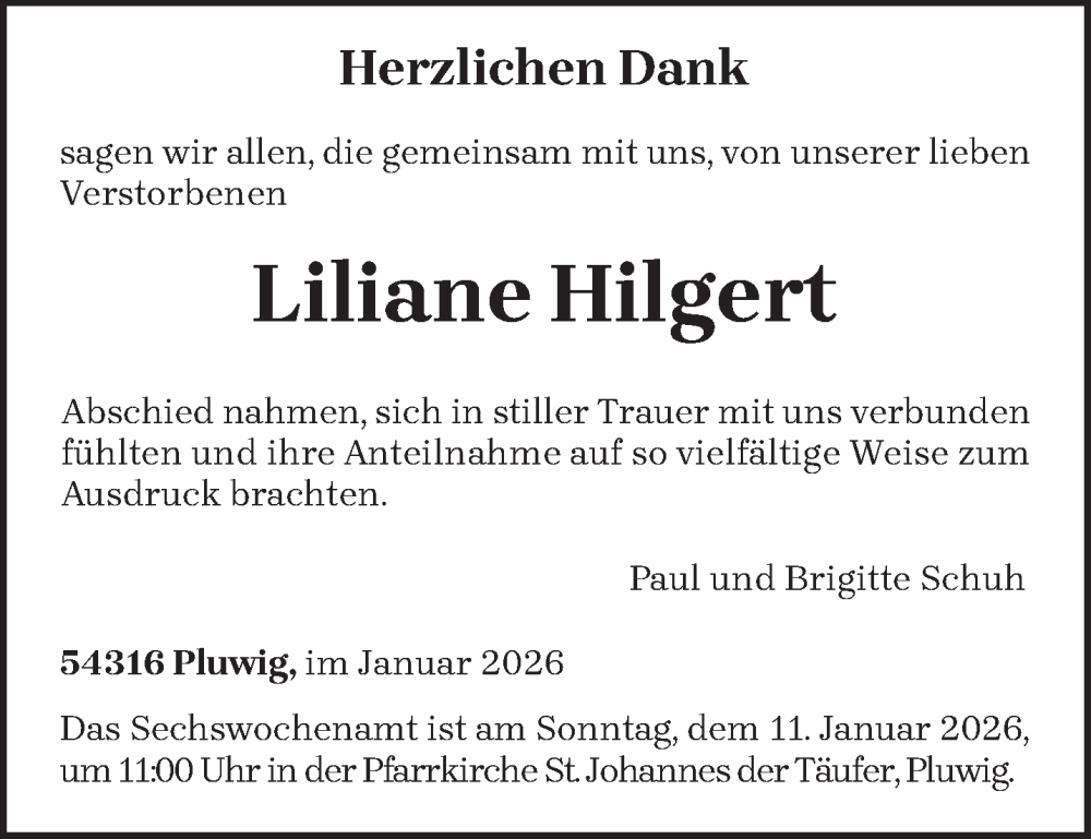  Traueranzeige für Liliane Hilgert vom 03.01.2026 aus trierischer_volksfreund