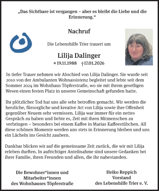 Traueranzeige von Lilija Dalinger von trierischer_volksfreund