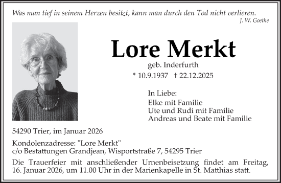 Traueranzeige von Lore Merkt von trierischer_volksfreund