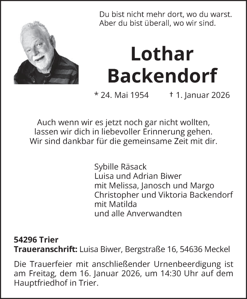  Traueranzeige für Lothar Backendorf vom 10.01.2026 aus trierischer_volksfreund