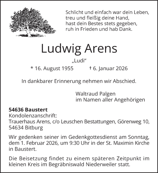 Traueranzeige von Ludwig Arens von trierischer_volksfreund