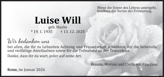 Traueranzeige von Luise Will von trierischer_volksfreund