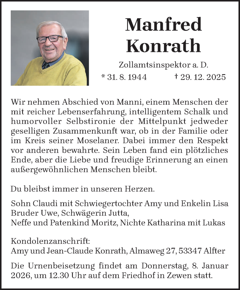  Traueranzeige für Manfred Konrath vom 03.01.2026 aus trierischer_volksfreund