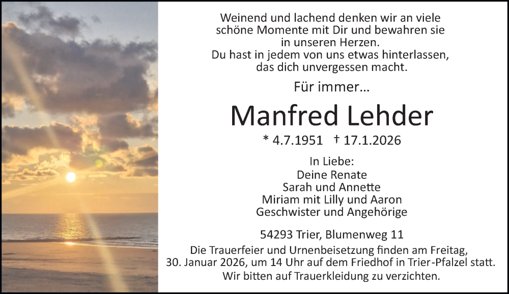  Traueranzeige für Manfred Lehder vom 24.01.2026 aus trierischer_volksfreund