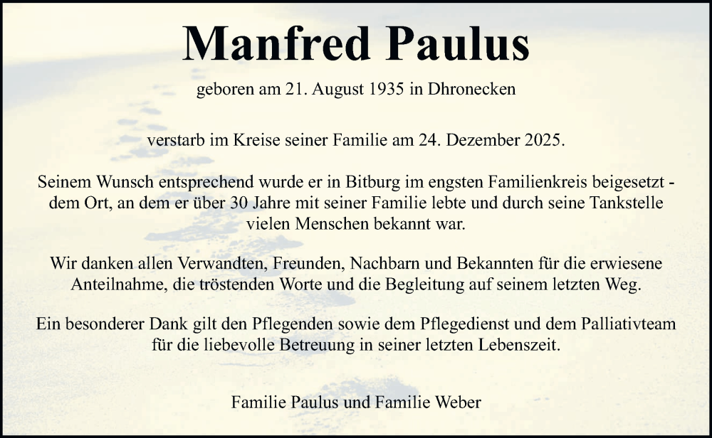  Traueranzeige für Manfred Paulus vom 24.01.2026 aus trierischer_volksfreund