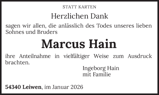 Traueranzeige von Marcus Hain von trierischer_volksfreund
