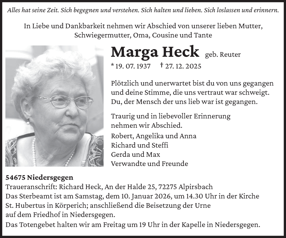  Traueranzeige für Marga Heck vom 03.01.2026 aus trierischer_volksfreund