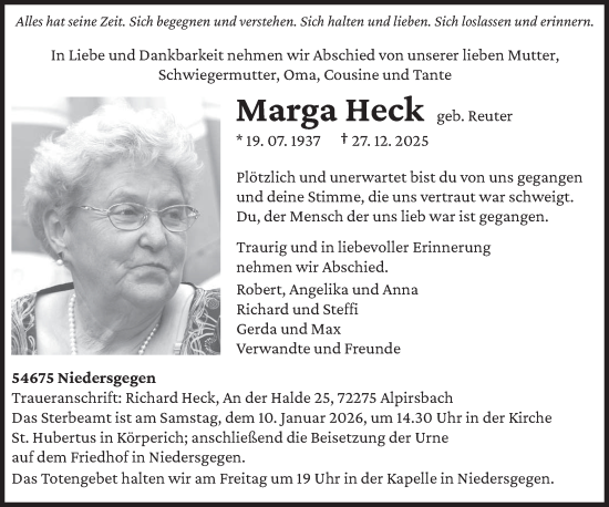 Traueranzeige von Marga Heck von trierischer_volksfreund
