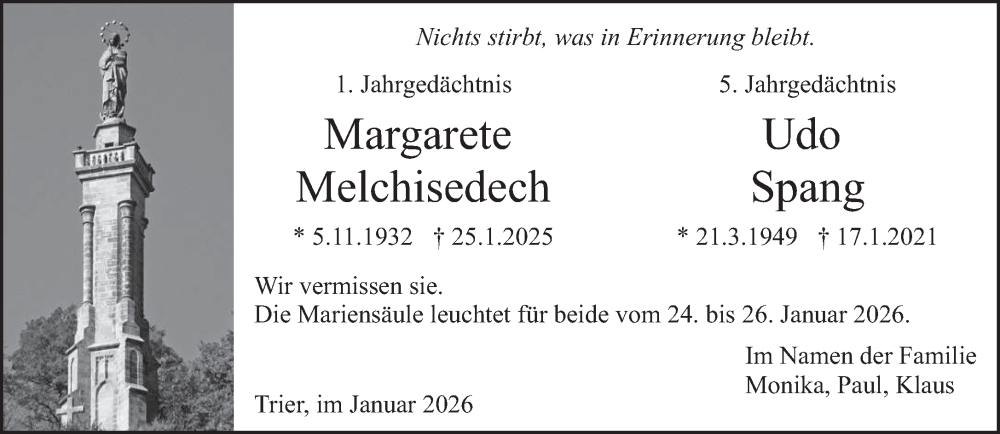  Traueranzeige für Margarete Melchisedech vom 24.01.2026 aus trierischer_volksfreund
