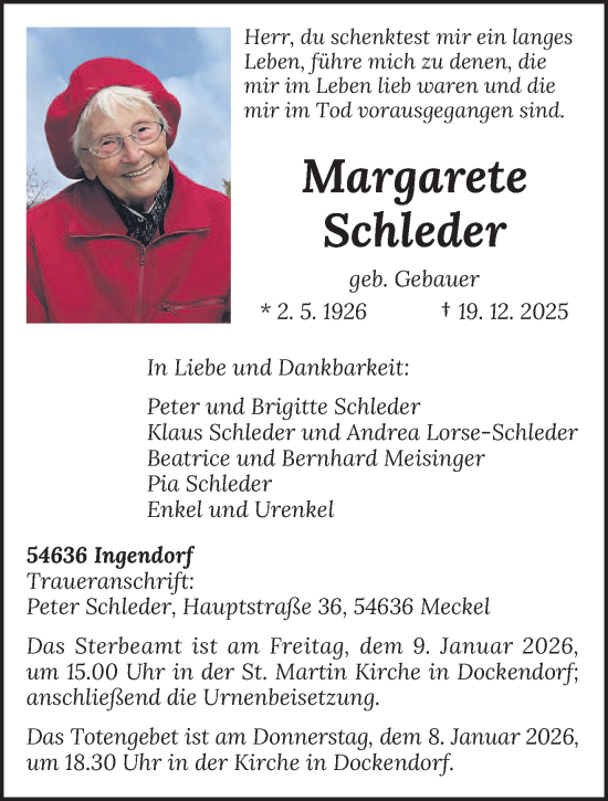 Traueranzeige von Margarete Schleder von trierischer_volksfreund