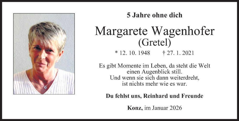  Traueranzeige für Margarete Wagenhofer vom 27.01.2026 aus trierischer_volksfreund