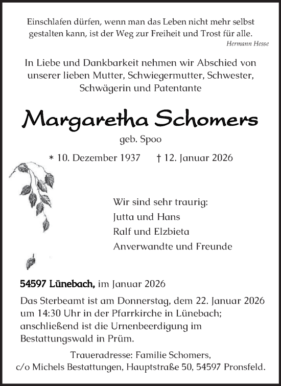 Traueranzeige von Margaretha Schomers von trierischer_volksfreund