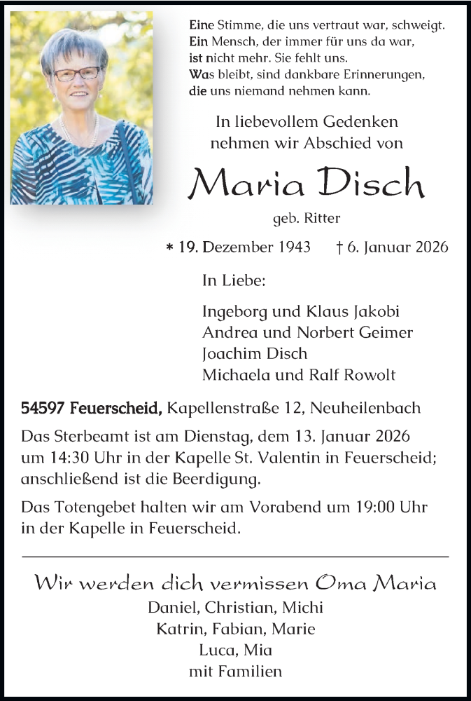  Traueranzeige für Maria Disch vom 10.01.2026 aus trierischer_volksfreund