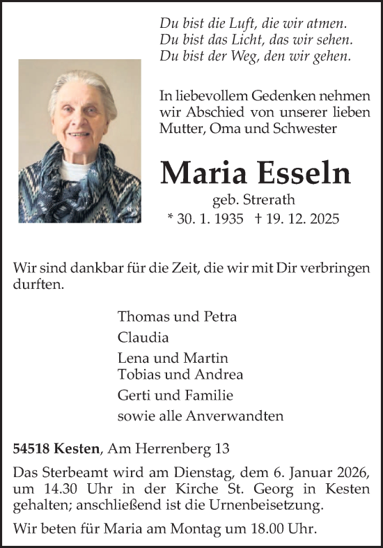 Traueranzeige von Maria Esseln von trierischer_volksfreund