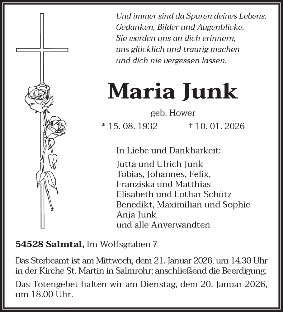  Traueranzeige für Maria Junk vom 17.01.2026 aus trierischer_volksfreund