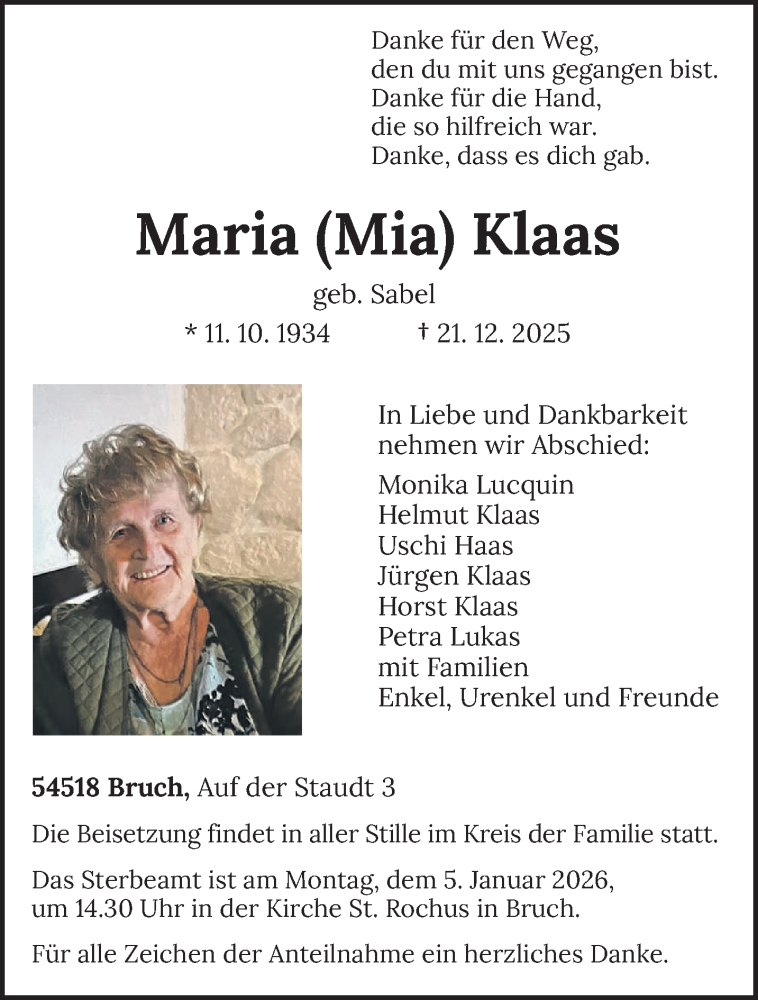  Traueranzeige für Maria Klaas vom 02.01.2026 aus trierischer_volksfreund