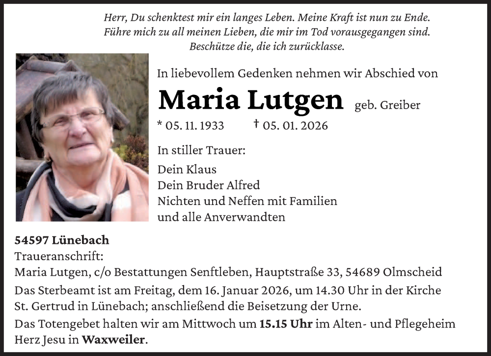 Traueranzeige für Maria Lutgen vom 10.01.2026 aus trierischer_volksfreund