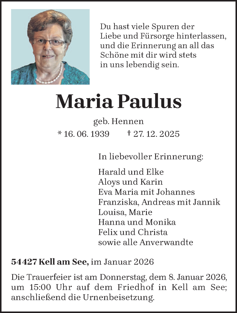  Traueranzeige für Maria Paulus vom 03.01.2026 aus trierischer_volksfreund