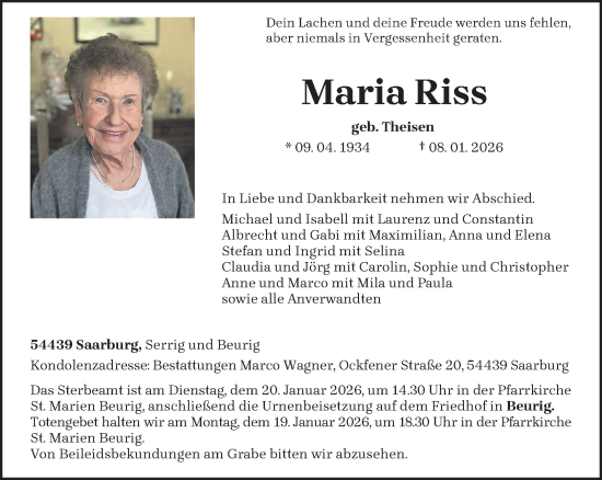Traueranzeige von Maria Riss von trierischer_volksfreund