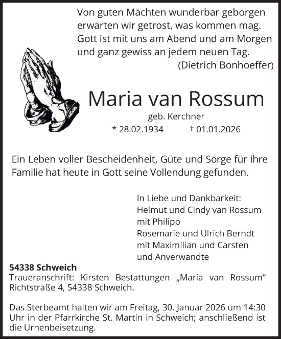 Traueranzeige von Maria van Rossum von trierischer_volksfreund