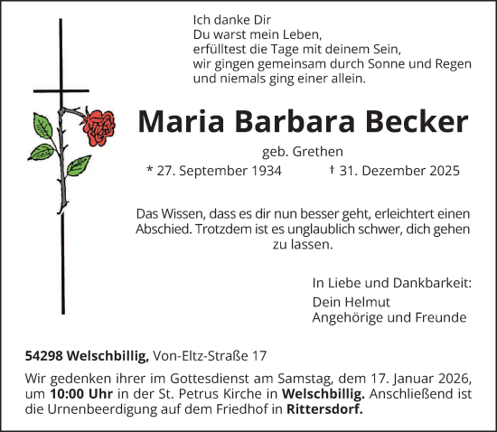 Traueranzeige von Maria Barbara Becker von trierischer_volksfreund